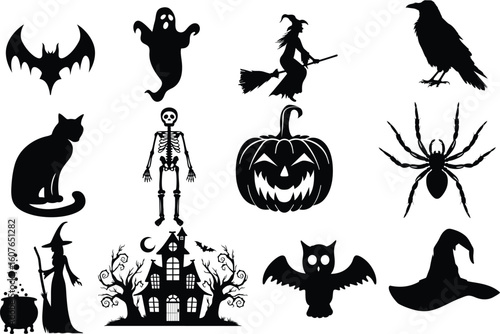 set of halloween element silhouette collection. Black and white vector editable file. pumpkin, ghost, cat, cauldron, horror house, female witch ride, owl, raven bird, skeleton, spider, witch hat