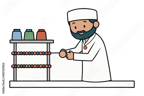 Muslim man inspects prayer beads and religious items in a shop display