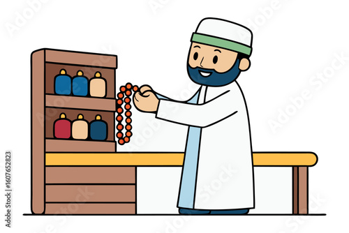 Cartoon muslim man wearing a kufi cap holding a microphone and speaking enthusiastically