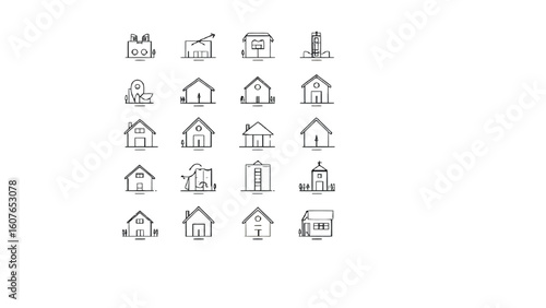 Outline buildings icons showcase modern architectural styles featuring houses, church, skyscraper and more for urban planning designs