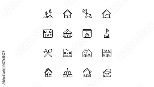 Real estate and outdoor living line icons for website or app design feature home, landscaping, pets, and leisure activities in a modern style