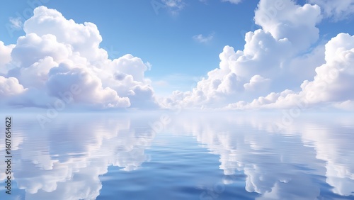 A bright blue sky with fluffy white clouds reflected in calm water
