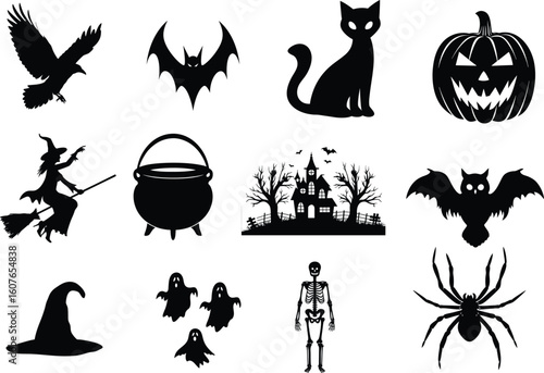set of halloween element silhouette collection. Black and white vector editable file. pumpkin, ghost, cat, cauldron, horror house, female witch ride, owl, raven bird, skeleton, spider, witch hat