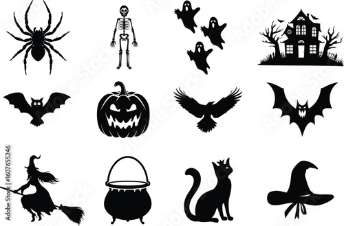set of halloween element silhouette collection. Black and white vector editable file. pumpkin, ghost, cat, cauldron, horror house, female witch ride, owl, raven bird, skeleton, spider, witch hat