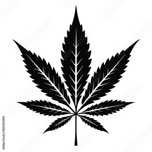 Bold Black Cannabis Leaf Illustration Isolated, Simplistic Marijuana Leaf Design Element