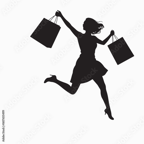 Energetic Woman Running with Shopping Bags Silhouette - Dynamic Female Shopper with Long Shadow