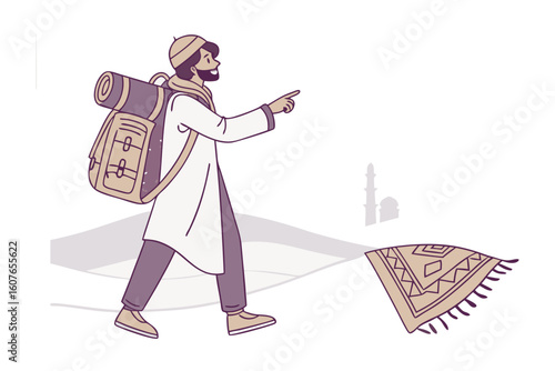 Cartoon astronomer in traditional attire gazes at the night sky through a telescope pointing towards celestial bodies