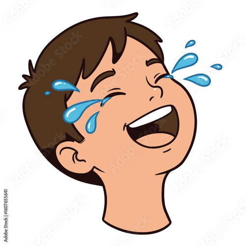 Cartoon Boy Head Showing Extreme Joy and Laughter with Tears of Happiness Falling Down From His Eyes in Exuberant Joy