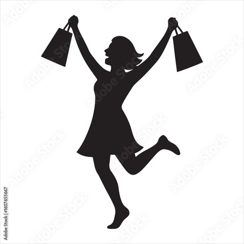 Joyful silhouette of a woman happily dancing with shopping bags raised high in celebration of a successful shopping spree