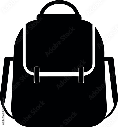 Black Backpack Silhouette Vector with Buckles and Flap Front