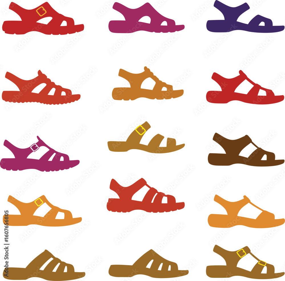 Fototapeta premium Diverse vector collection of colored sandals and open-toed footwear styles, perfect for fashion, summer, casual wear, and outdoor adventure designs.