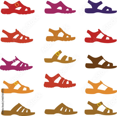 Diverse vector collection of colored sandals and open-toed footwear styles, perfect for fashion, summer, casual wear, and outdoor adventure designs.