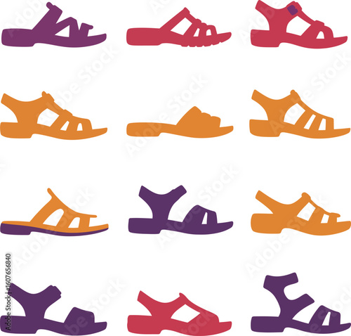 Diverse vector collection of colored sandals and open-toed footwear styles, perfect for fashion, summer, casual wear, and outdoor adventure designs.
