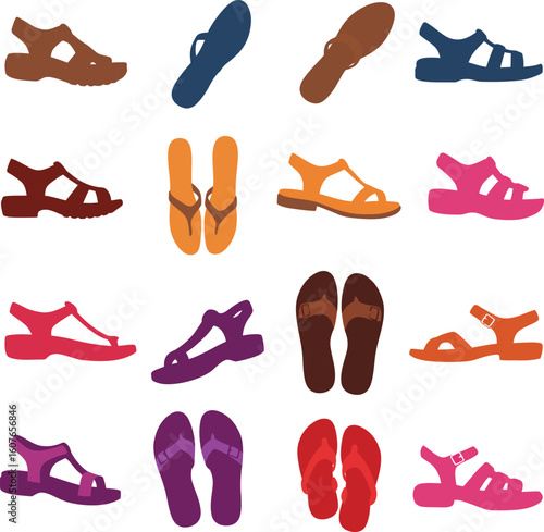 Diverse vector collection of colored sandals and open-toed footwear styles, perfect for fashion, summer, casual wear, and outdoor adventure designs.