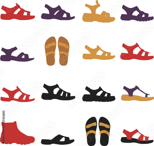 Diverse vector collection of colored sandals and open-toed footwear styles, perfect for fashion, summer, casual wear, and outdoor adventure designs.