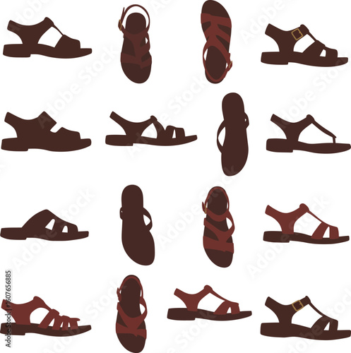 Diverse vector collection of colored sandals and open-toed footwear styles, perfect for fashion, summer, casual wear, and outdoor adventure designs.