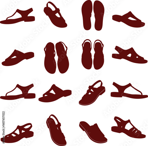 Diverse vector collection of colored sandals and open-toed footwear styles, perfect for fashion, summer, casual wear, and outdoor adventure designs.