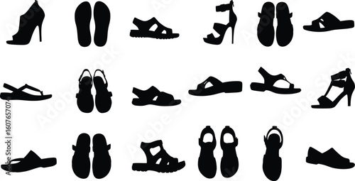 Comprehensive vector silhouettes of various sandals and open-toed footwear styles, perfect for fashion, summer, casual wear, and outdoor-themed designs.