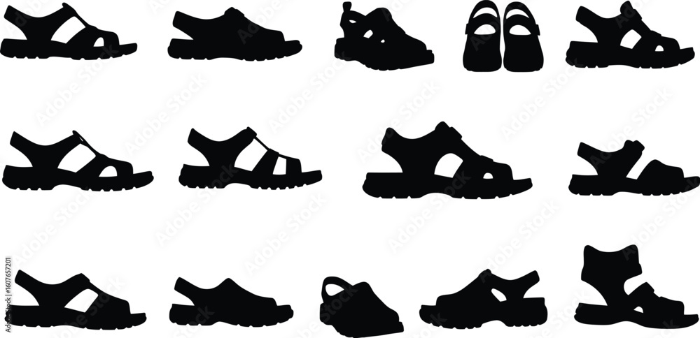 Obraz premium Comprehensive vector silhouettes of various sandals and open-toed footwear styles, perfect for fashion, summer, casual wear, and outdoor-themed designs.