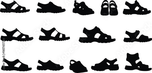 Comprehensive vector silhouettes of various sandals and open-toed footwear styles, perfect for fashion, summer, casual wear, and outdoor-themed designs.