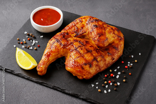 Grilled half chicken on black slate plate photo 