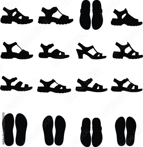 Comprehensive vector silhouettes of various sandals and open-toed footwear styles, perfect for fashion, summer, casual wear, and outdoor-themed designs.