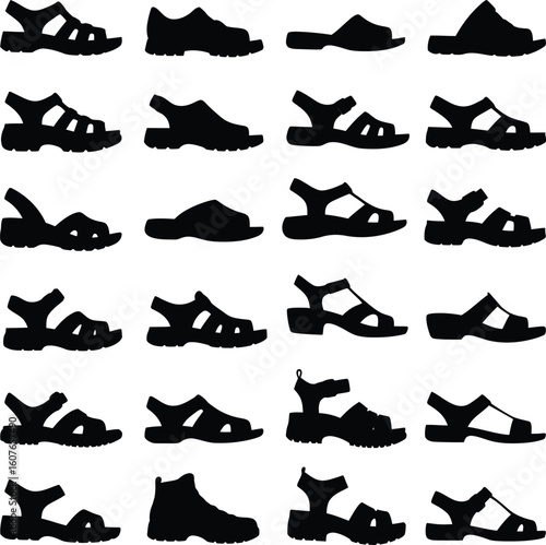 Comprehensive vector silhouettes of various sandals and open-toed footwear styles, perfect for fashion, summer, casual wear, and outdoor-themed designs.