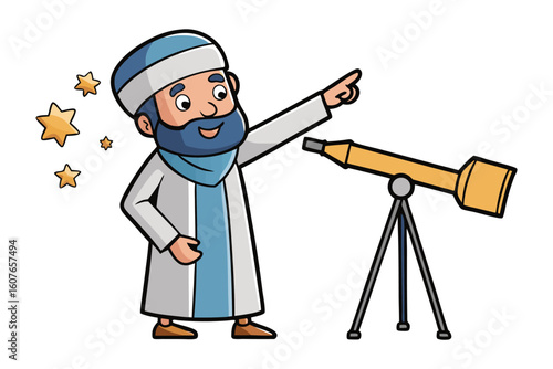 Cartoon muslim boy wearing a white kufi and thobe waving hello