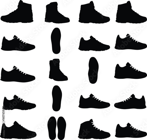 Extensive vector silhouettes of various shoes including sneakers, boots, and their soles, ideal for athletic, casual, outdoor footwear, and fashion designs.