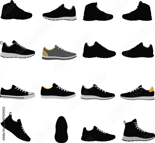 Extensive vector silhouettes of various shoes including sneakers, boots, and their soles, ideal for athletic, casual, outdoor footwear, and fashion designs.