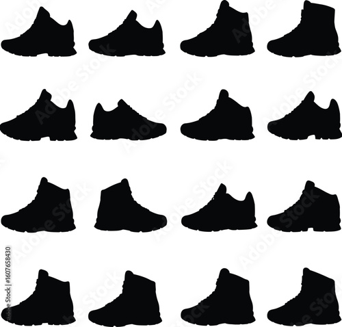 Extensive vector silhouettes of various shoes including sneakers, boots, and their soles, ideal for athletic, casual, outdoor footwear, and fashion designs.