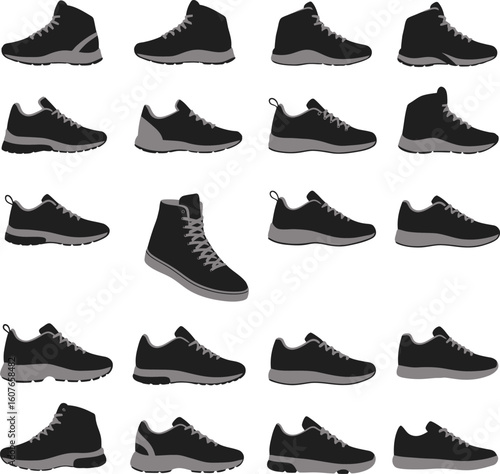 Extensive vector silhouettes of various shoes including sneakers, boots, and their soles, ideal for athletic, casual, outdoor footwear, and fashion designs.