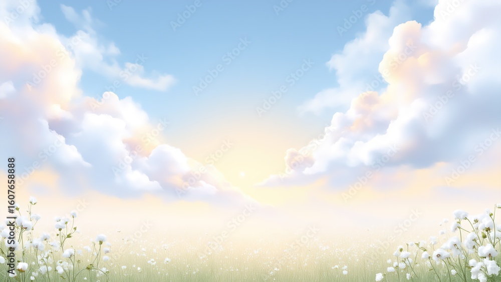 A field of white flowers under a blue sky with fluffy clouds
A field of white flowers under a blue sky with fluffy clouds