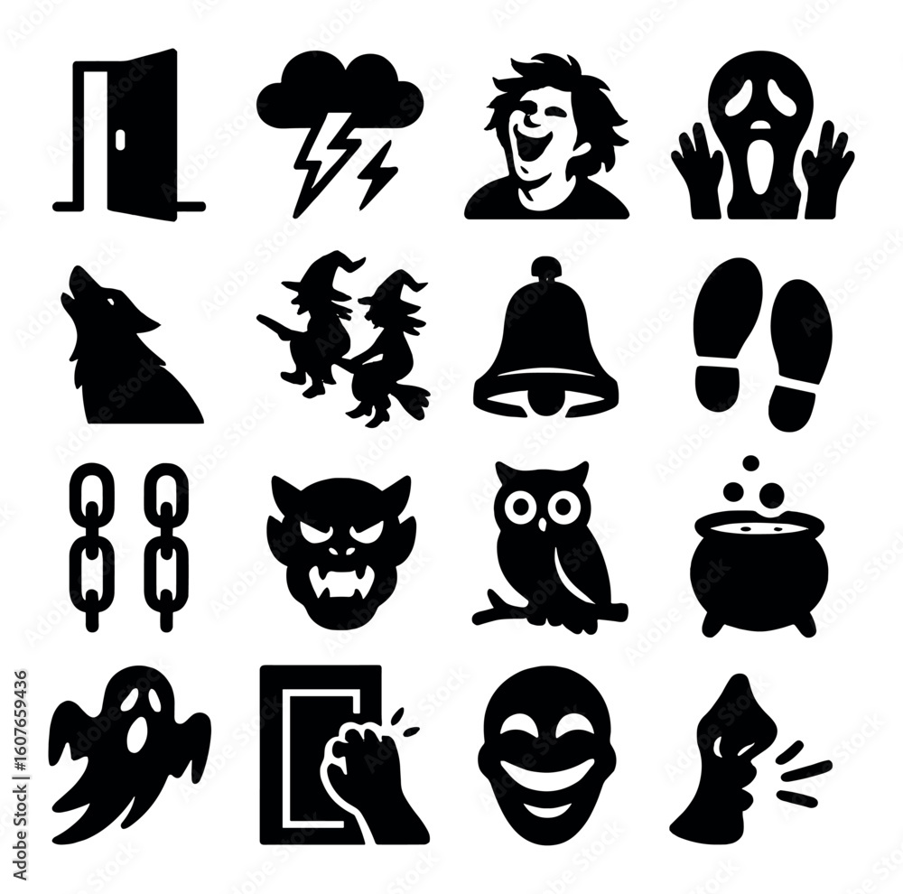 Naklejka premium Halloween icons: spooky silhouettes of ghosts, witches, and more