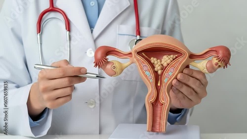 A doctor in a white coat holds a model of the female reproductive system, highlighting the uterus and ovaries with a focus on potential abnormalities