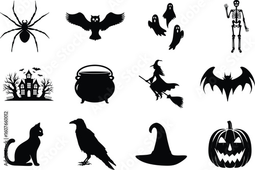 set of halloween element silhouette collection. Black and white vector editable file. pumpkin, ghost, cat, cauldron, horror house, female witch ride, owl, raven bird, skeleton, spider, witch hat