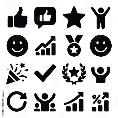 Black success icons: thumbs up, stars, graphs, and medals reflecting achievement and celebration