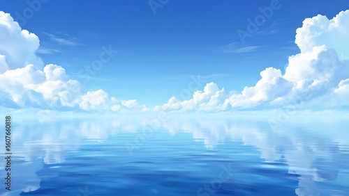 A bright blue sky with fluffy white clouds reflecting in calm water

