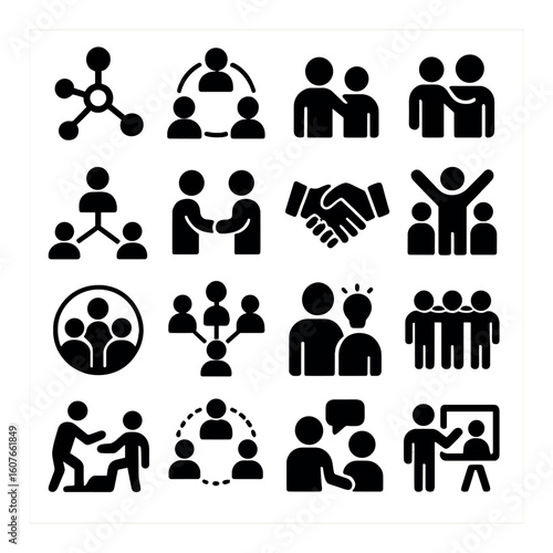 Black silhouette icons representing teamwork and collaboration concepts