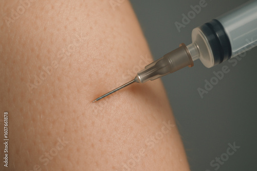 Close-up of syringe needle penetrating human skin. Medical injection or vaccination concept. Healthcare, treatment, and immunization imagery in high-resolution detail.