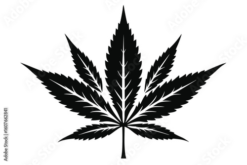 Symmetrical Marijuana Leaf Vector in Black Silhouette Style with Pointed Edges and Stem