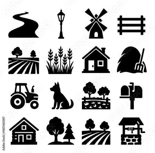 Farm life icons: scenery, house, windmill, tractor, dog, silhouette