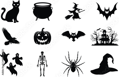 set of halloween element silhouette collection. Black and white vector editable file. pumpkin, ghost, cat, cauldron, horror house, female witch ride, owl, raven bird, skeleton, spider, witch hat