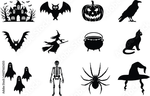 set of halloween element silhouette collection. Black and white vector editable file. pumpkin, ghost, cat, cauldron, horror house, female witch ride, owl, raven bird, skeleton, spider, witch hat