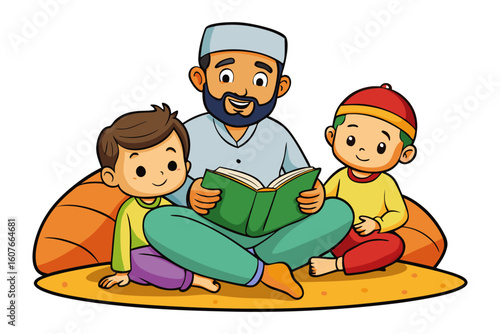 Young muslim girl in hijab organizing books on a wooden bookshelf
