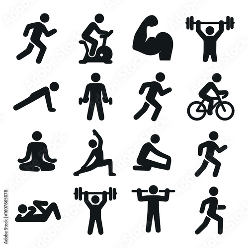 Fitness icons: exercise, yoga, cycling, and weightlifting activities