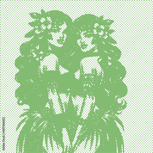  Two Hawaiian young women tropical green color canvas template stamp dot halftone decor vector art