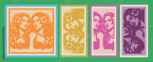  Two Hawaiian young women tropical vintage color dot halftone home decor vector digital art