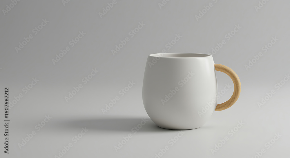 Minimalist White Ceramic Mug with a Natural Wooden Handle, Modern Beverage Container for Hot Drinks, Isolated on a Clean Studio Background Minimalist White Ceramic Mug with a Natural Wooden Handle, Modern Beverage Container for Hot Drinks, Isolated on a Clean Studio Background