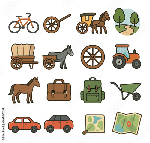 Icons of transportation and travel: bicycles, cars, and maps
